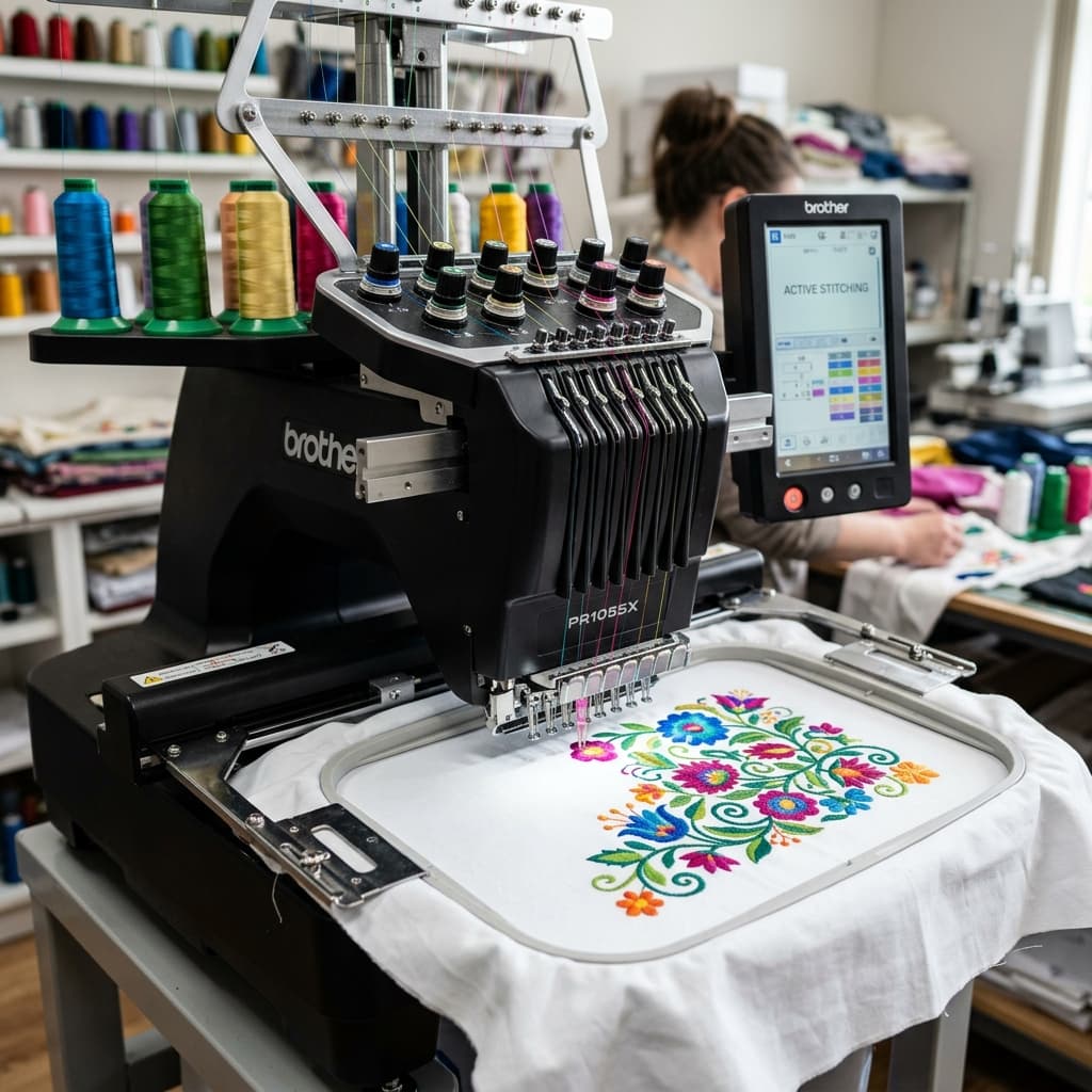 Modern digital embroidery machine actively stitching
