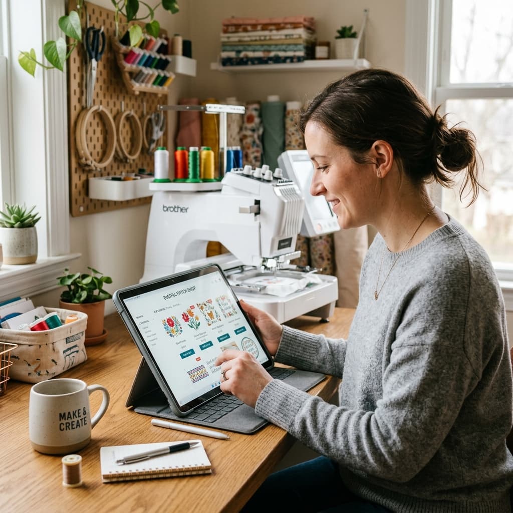 Browsing digital machine embroidery designs on a tablet