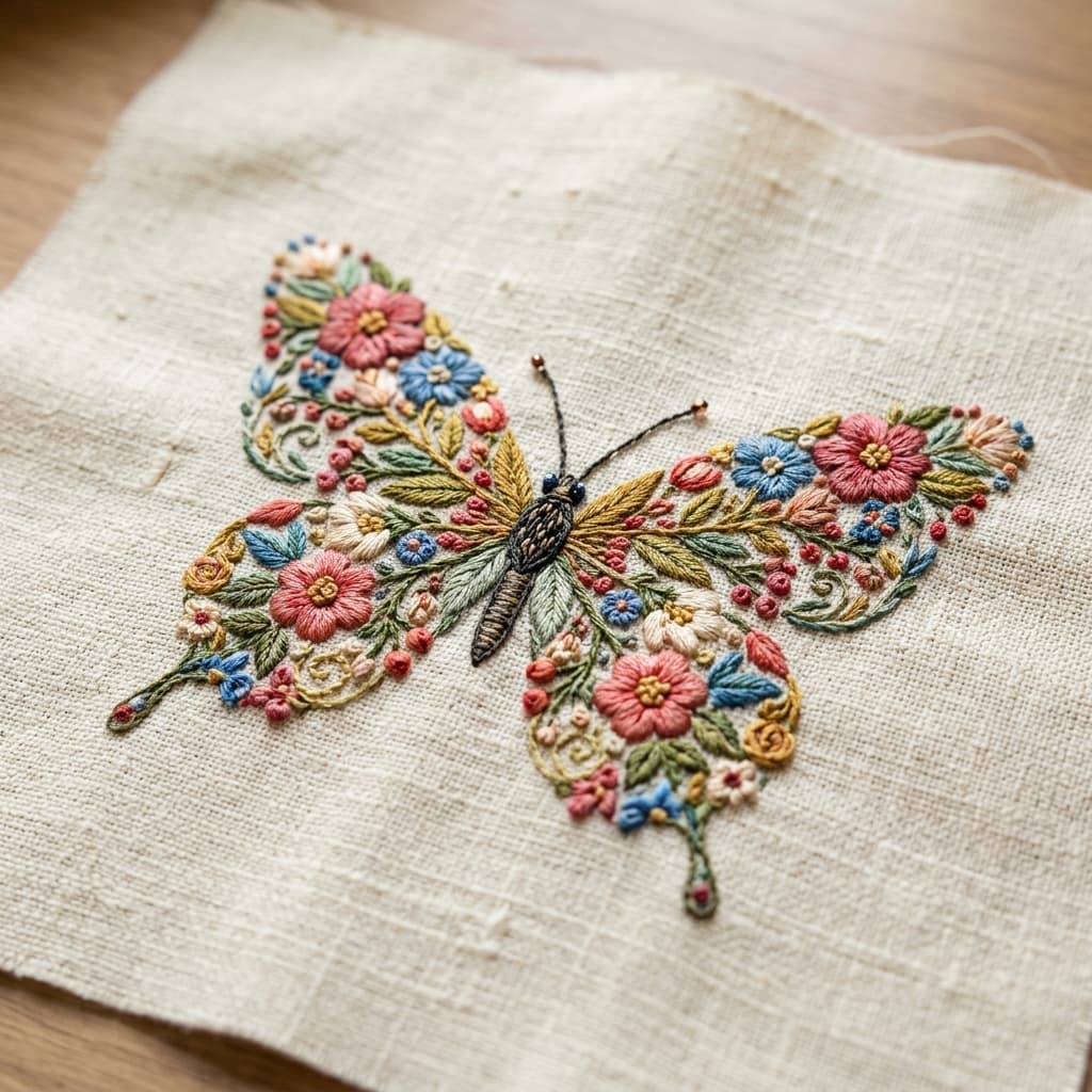 Finished floral butterfly embroidery artwork