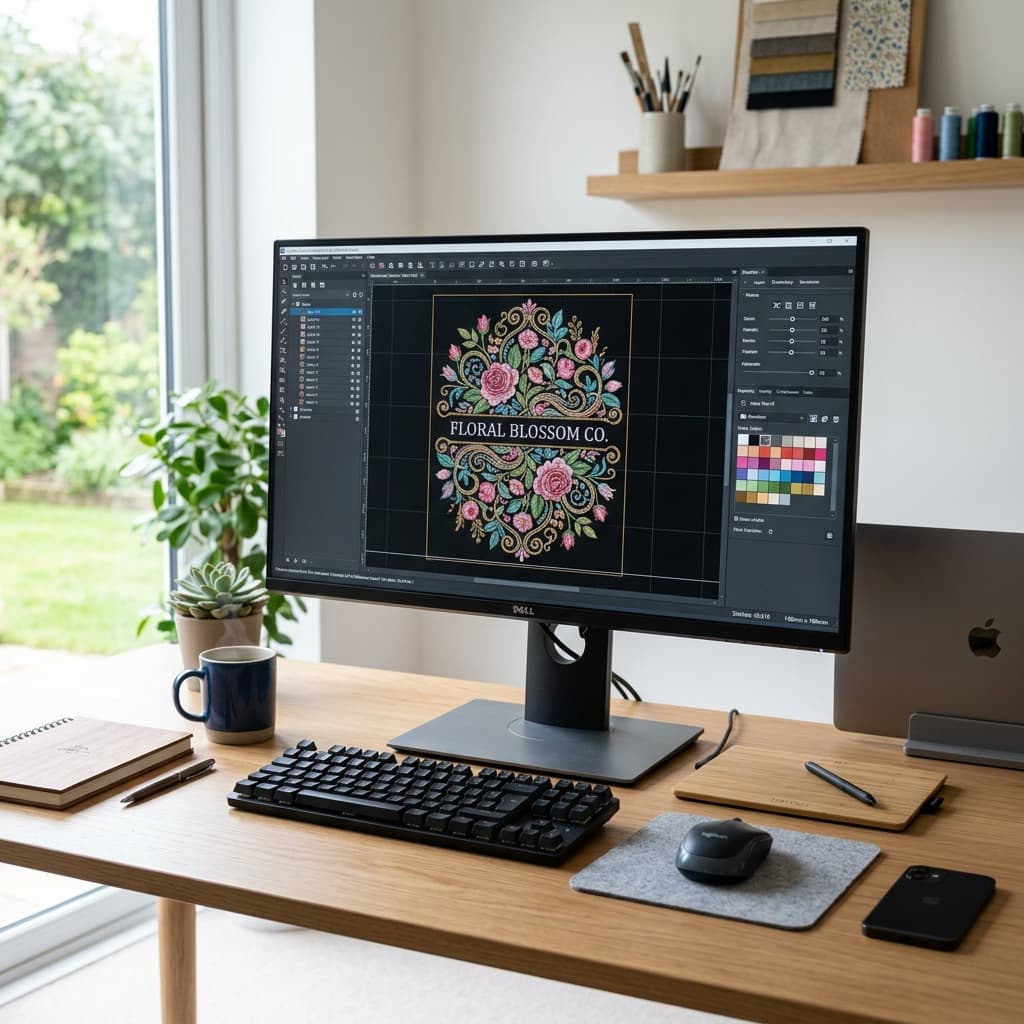 Digital embroidery design on a computer screen