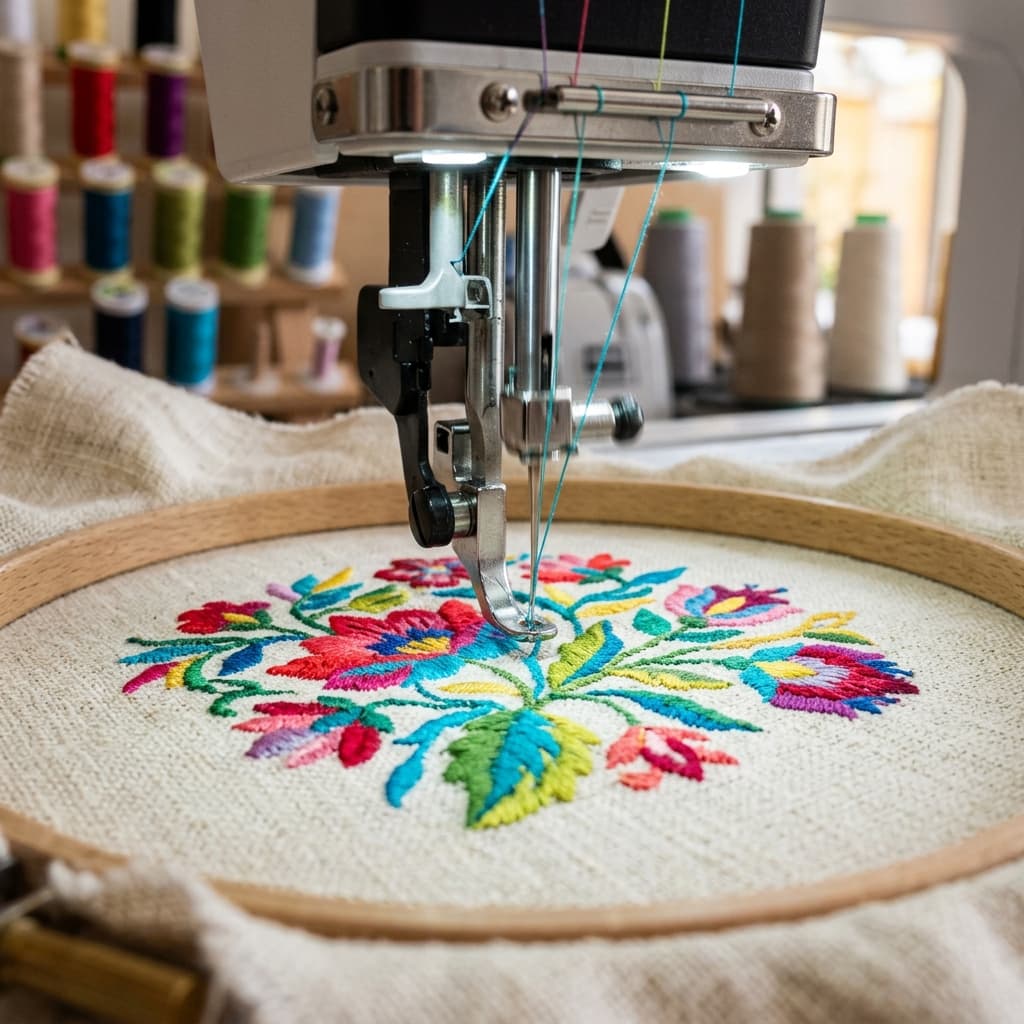 Close-up of embroidery machine stitching
