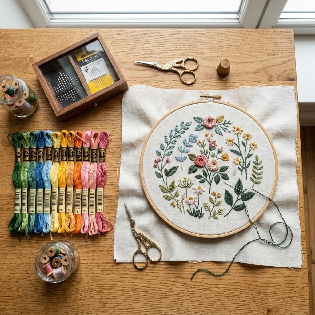 Embroidery thread and needle laid out on a table