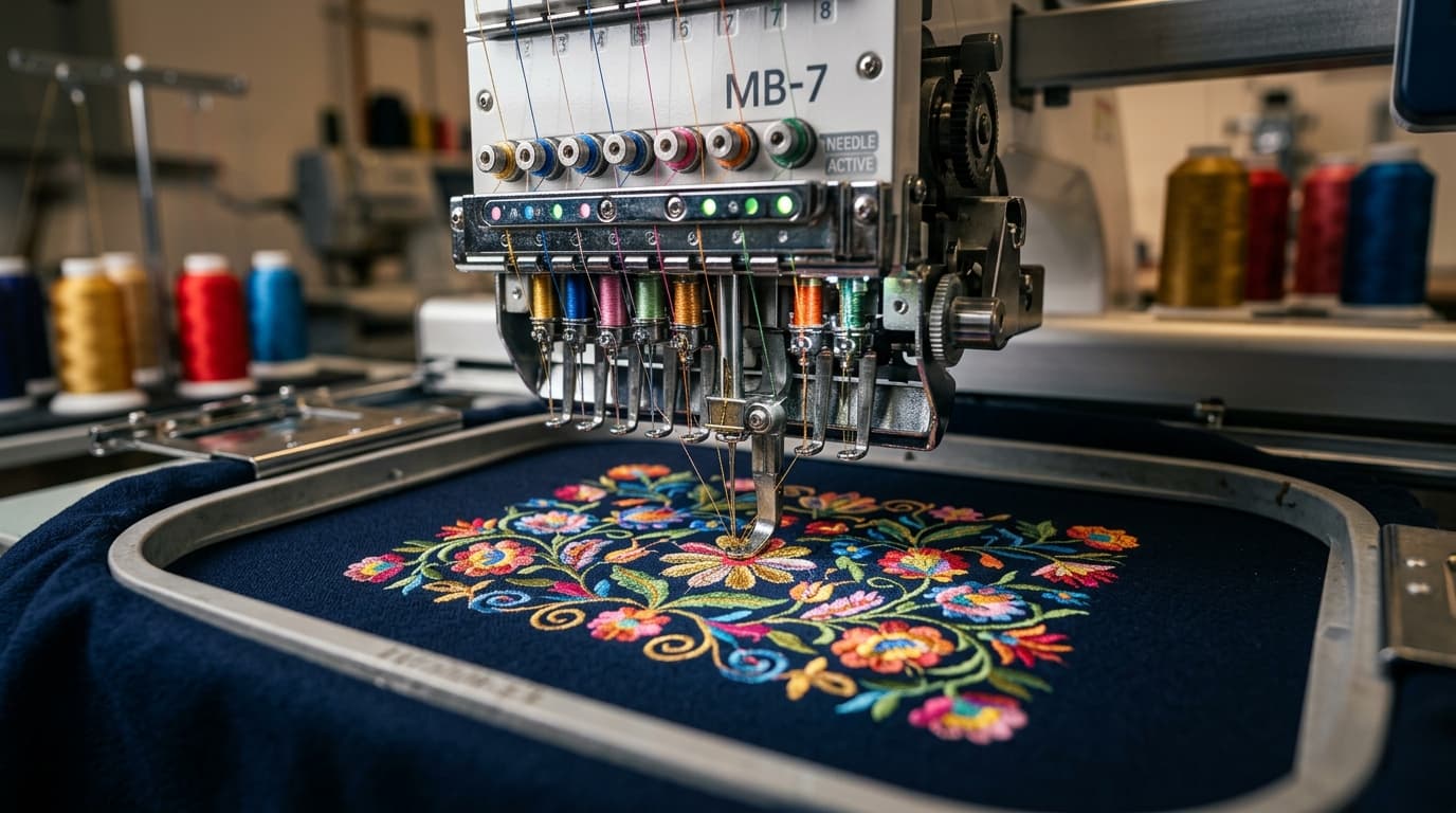 Close-up of embroidery thread stitched into cream linen